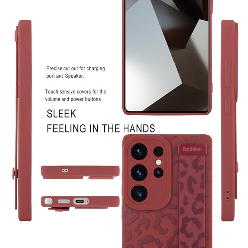 Image of Compatible with Samsung Galaxy S25 Ultra Case with Strap Wrist | Cheetah Print Shockproof Soft TPU Protective Cover for Women Girls, Slim Anti Scratch Case 6.9 Inch, Wine Red