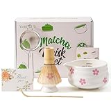 YumiPLUS 5pcs Premium Matcha Set,Ceramic Bowl with Spout and Bamboo Whisk set, Ceremonical Matcha Kit for breakfast/latte,Tea Starter Making Kit,Unique Matcha Gift set (sakura)