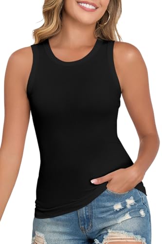 Womens Casual Crew Neck Ribbed Tank Top Sleeveless Shirt