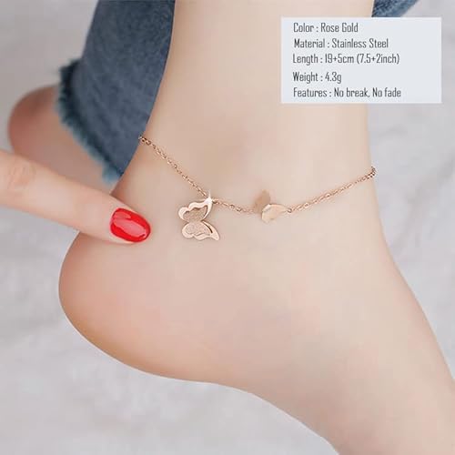 Kahool 18K Gold Plated Ankle Bracelets For Women, No Fading Stainless Steel Women's Anklets, Waterproof Foot Chain Anklet Summer Boho Beach Jewelry Gifts For Women Teen Girls, Rose Gold Butterfly #TOP1