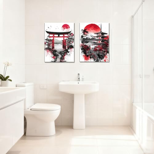 Image of Frimeeme 2Pcs Japanese Canvas Wall Art, Ready to Hang,Framed,12x16 inches | Red Black Landscape Prints, Modern Minimalist Asian Oriental Decor