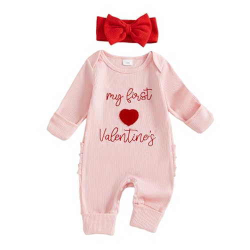 My First Valentines Baby Girl Outfit Newborn Love Onesie Waffle Knit Sweater Romper Jumpsuit Cute Infant Clothes (My First Valentines Pink 3-6 Months)