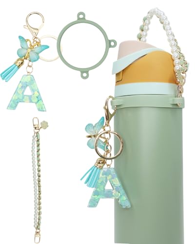 TOVICE Letter Accessories for Owala Water Bottle 24-40oz, 3PC Cute Initial Keychain & Water Bottle Handle Strap with a Thick Elastic Silicone Ring Holder (Mint Green, A)