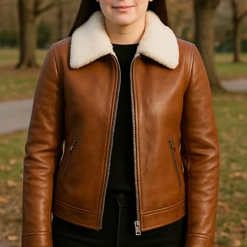 Women's Genuine Leather Jacket with White Faux Fur Collar – Brown Classic Bomber Style Soft Inner Lining4