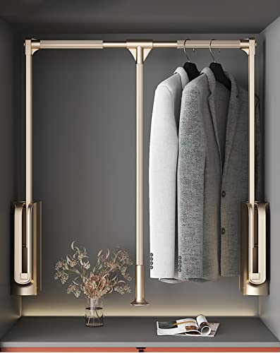Pull Down Closet Rod, Wardrobe Lift Heavy Duty Aluminum Alloy With Automatic Reset And Retractable Crossbar, Silent Buffer Wardrobe Lifting Clothes Rail, Champagne Gold Color<Br>(890-1210Mm) #TOP5