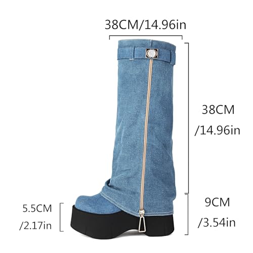 MRKEWUNEY Fashion Fold Over Knee High Boots for Women Wedge Heel Denim Knee High Boots Wide Mid Calf Boots3