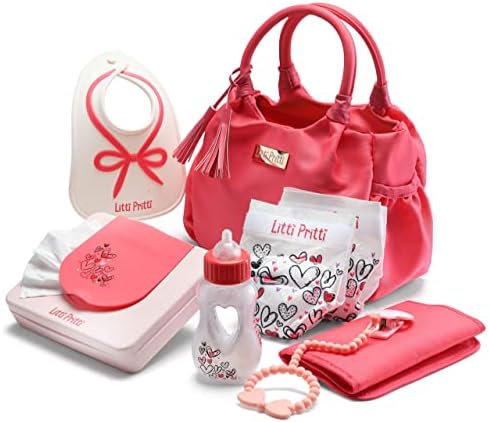 Litti Pritti Baby Doll Accessories | Diaper Bag Set | Premier Playtime Playset for Baby Dolls | Fabric Diapers, Magic Bottle, Wipes & More | Toy for 3 4 5 6 7 8 Year Old | Gifts for Toddler Girls