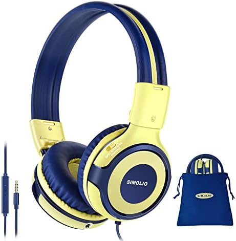 SIMOLIO Kids Headphones with Microphone, 94dB-85dB-75dB Volume Limited Children Headsets with Share Port,Wired Stereo Headphone with AUX Jack, Foldable Durable Headphones for Children,Teens (Yellow)
