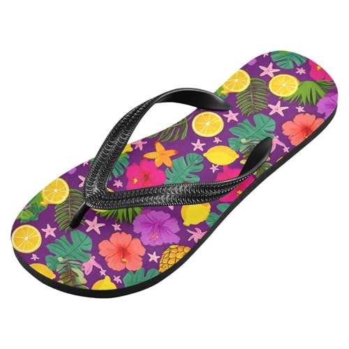 ALAZA Pineapple Tropical Flowers Leaves Flip Flops for Women Fashion Beach Slippers Comfort Mens Flip Flops Non-Slip Rubber Shower Slippers Sandal for Hotel Travel Sport,XS2