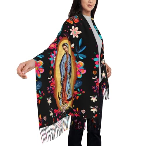 Otomi Scarf for Women Virgen de Guadalupe Soft Cashmere Feel Pashmina Shawl Wraps, Virgin Mary Blanket Scarf