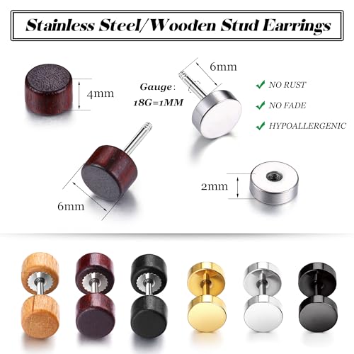 FIBO STEEL 6 Pairs Stud Earrings for Men Women Flat Back Ear Piercing Ear Plugs Tunnel Fake Gauge Earrings 18G2