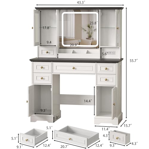 Image of Makeup Vanity Desk with Mirror and Lights, Farmhouse Vanity Table Set with 6 Drawer&Charging Station, Makeup Table with RGB Cabinets, White Vanity with Lighted Mirror for Girls Women, 3 Light Modes
