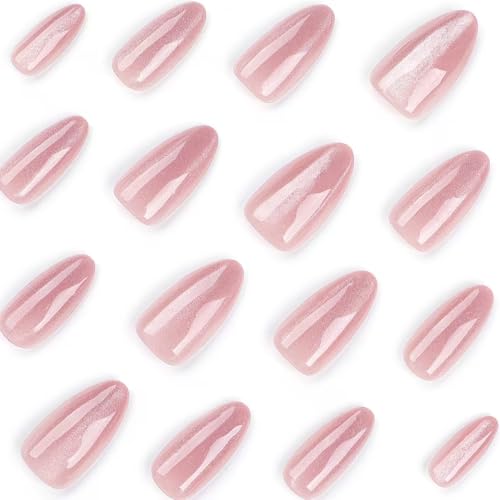 Image of Pink Glitter Press on Nails Shiny Fake Nails Medium Almond False Nails with Design Glossy Glue on Nails Artificial Acrylic Nail Stick on Nails for Women Girls Manicure 24Pcs