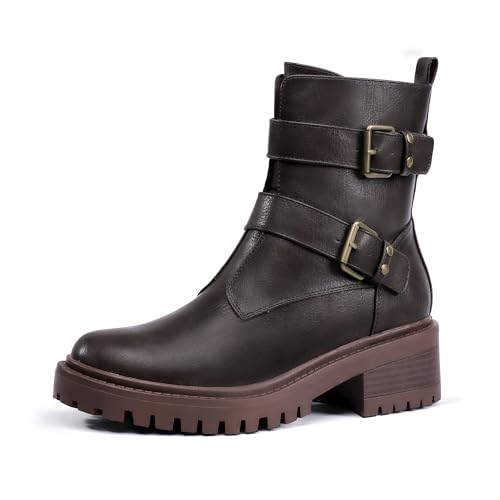 IDIFU Biker Boots for Women Combat Motorcycle Moto Women's Ankle Boots Comfortable Two Buckles Lug Sole Chunky Low Heel Short Boots Fall Fashion Cute Trendy Dressy Side Zipper Boots Booties for Women