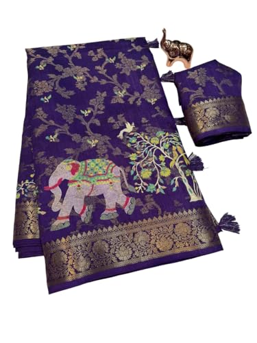 Image of Kalamkari Floral Prints Dola Silk Saree With Rich Zari Border Designer Pallu Attach Blouse Piece
