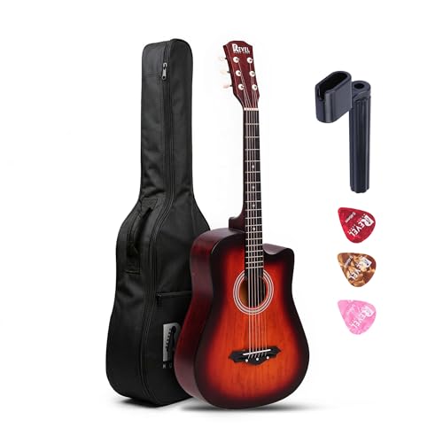 Image of Revel 38 Inch Acoustic Guitar Cutaway Wooden Guitar with High-Gloss Finish, Steel Strings, Smooth Tuning Pegs, Includes Carry Bag, Picks & String Winder | Acoustic Guitar for Beginners.(SUN BURST)