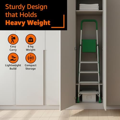 Image of Amazon Basics Clamber Pro - Foldable Step Ladder, Firm Grip, 5 Steps (Aluminium Steps, Green & Satin)