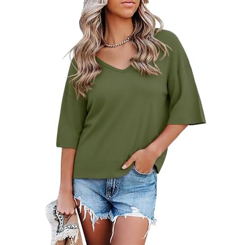 Totatuit Oversized Cropped Tshirts for Women Short Half Sleeve V Neck Tops Summer Flowy Split Hem Basic Tee Shirts Army Green Large