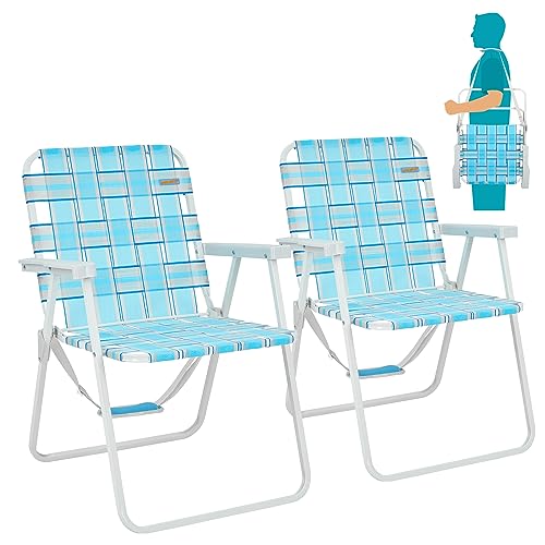 #WEJOY 2 Pack Folding Webbed Lawn Beach Chair,Heavy Duty Portable Chairs for Outside with Hard Arm,Carry Strap for Outdoor Camping Garden Concert Festival Picnic