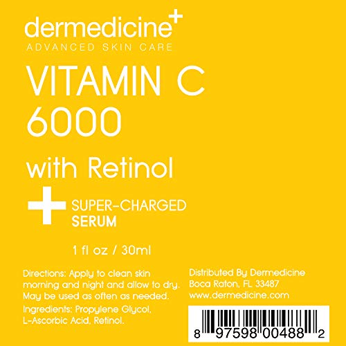 Dermedicine Vitamin C 6000 w/Retinol Anti-Aging Serum for Face Helps Smooth Wrinkles, Brightens Complexion Improves Texture & Tone for More Youthful Skin | 1 fl oz / 30 ml