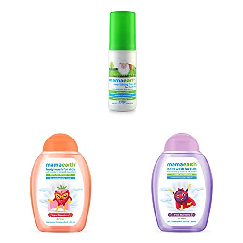 Image of Mamaearth Nourishing Hair Oil for Babies 100ml & Super Strawberry Body Wash for Kids with Strawberry Oat Protein - 300 ml & Brave Blueberry Body Wash For Kids with Blueberry Oat Protein 300 ml