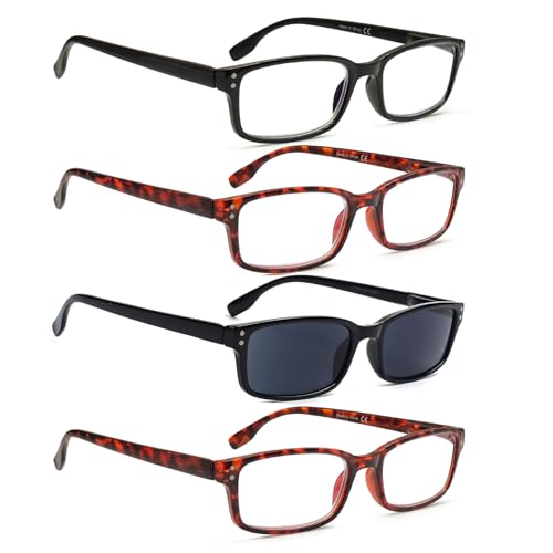 Image of Kerecsen 4 Pack Reading Glasses for Men and Women with Spring Hinges, Lightweight Black Rectangular Readers Eyeglasses (2 Tortoise 1Black 1Gray Lens, 2.50, x)