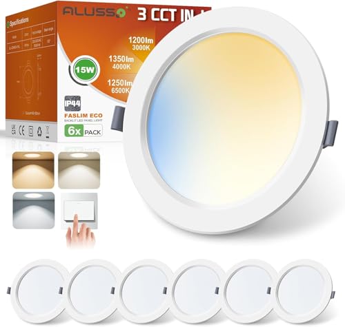 ALUSSO® 15W 1350LM LED Einbaustrahler 230V Ultra Flach LED Spots Badezimmer, 3CCT Warmweiß 3000K Neutralweiß 4000K Kaltweiß 6500K Deckenspots IP44 Einbauleuchten für Wohnzimmer Küche, 6er Set