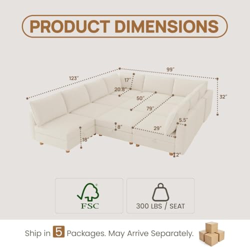 Image of 99 inch Chenille Modular Sofa Bed with Washable Covers & Storage, 10-Seater Modular Sectional Sleeper Sofa Bed with Movable Ottoman Chaise, Convertible Sleeper Sectional Couches for Living Room, Beige