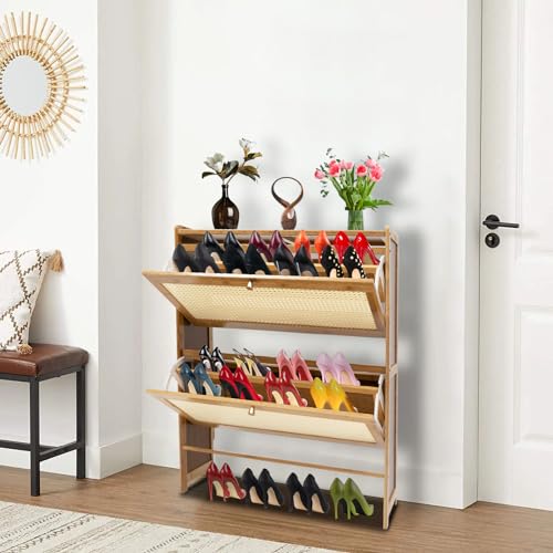 Natural Rattan Shoe Cabinet, Shoe Cabinet with 2 Flip Drawers, Free Standing Shoe Racks, Shoe Cabinet for Entryway Hallway Closet Bedroom (Wood Color, 27.5 * 9.4 * 34.2in)