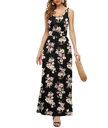 LILBETTER Women's Sleeveless Casual Summer Long Dresses Maxi Dresses(Flower Black,Large)