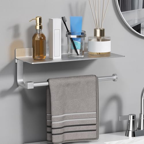 Danpoo Wall Mount Paper Towel Holder with Shelf for Bathroom/Kitchen, Adhesive Hand Towel Holder, Matte Silver - Image 3