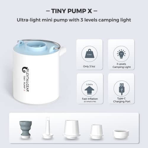 FLEXTAILGEAR Tiny Pump X Portable Air Pump+ Camping Light Ultra-Mini Air Pump with 1300mAh Battery USB Rechargeable for Sleeping Pads Pool Floats Air Bed Air Mattress Swimming Ring