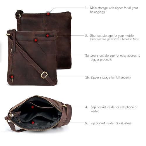 Image of Leather Crossbody Bags for Women - Ladies Sling Handbags - Medium Cross body Purses Handbags - Purses For Women (Vintage Dark Brown)
