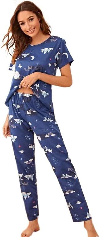 SMOWKLY Women's Short Sleeve Round Neck Cartoon Print Pajamas Set
