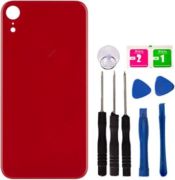 Back Glass Replacement for iPhone XR 2 PCS, Replacement Battery Back Glass Cover with Pre-Installed Tape and Repair Tools No Logo Large Hole Red
