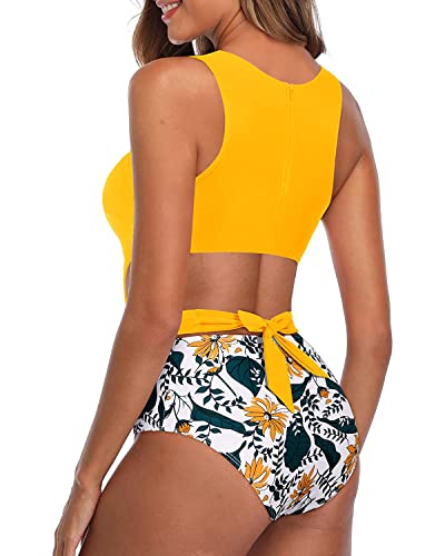Tempt Me Yellow Floral One Piece Swimsuits Tummy Control Cutout Bathing Suit For Teen Girls Zip Up Monokini S #TOP4