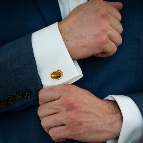 Jonwo Oval Natural Polished Tigers Eye Gemstone Cufflinks for Men Silver/14K Gold Plated Crystal Men\'s Cufflinks Jewelry for Wedding Anniversary Business Party Tuxedo Dress (Golden) - Thumbnail 2
