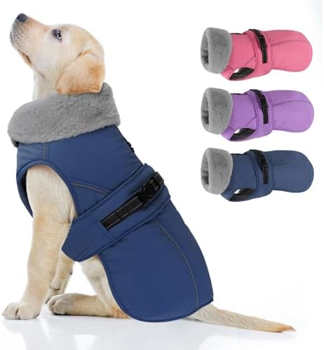 PETDSH Dog Coat Small, Windproof Dog Jacket with Warm Fleece Lining, Thickened Collar Dogs Winter Coat, Adjustable Reflective Pet Coats for Cold Weather (Navy Blue, Small)