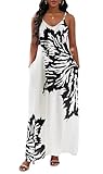 vunahzma Casual Dresses for Women White with Black Flower Maxi Sexy Long Floor Length V-Neck Adjustable Spaghetti Strap Sleeveless Dress（Floral-111 XL