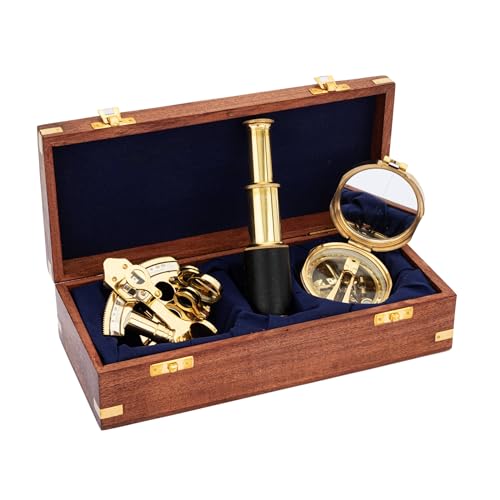 NKlaus Sextante, telescopio y brújula en caja de madera de latón, 28 x 12,5 cm, juego de instrumentos náuticos 16099