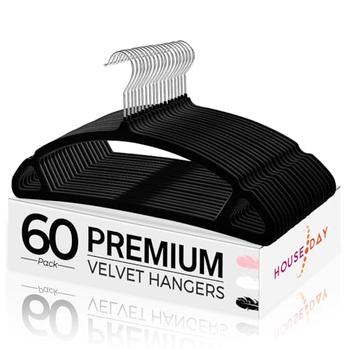 HOUSE DAY Black Velvet Hangers 20 Pack, Luxury Non Slip Felt Hangers, Space Saving Clothes Black Hanger Heavy Duty, No Shoulder Bump Focked Hanger with 360° Swivel Hook for Closet by HOUSE DAY - Used condition - US$8.42