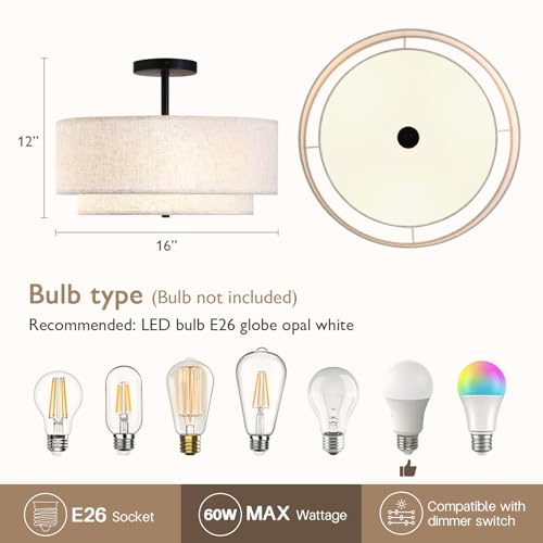 Image of CALOKES 16 inch Double Drum 3-Light Semi Flush Mount Ceiling Light, Classic Fabric Linen Shade Design for Living Room, Bedroom, Kitchen, Dining Room, Hallway and Entryway
