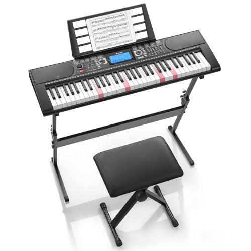 Donner 61 Key Keyboard Piano, Electric Piano Keyboard Set with Lighted Keys, LCD Display, 300 Tones & 256 Rhythms, Z-Stand, Bench, Learning Modes, Complete Kit for Beginners, Black（DEK-630）