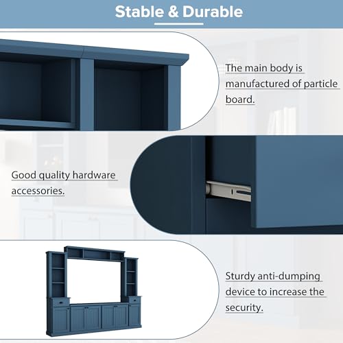 Image of 103 inchL Large Entertainment Center with Bookshelves and Drawers for TVs Up to 75'', Wall Unit Entertainment Center with Adjustable Shelves and Cabinet, Minimalist TV Stands for Living Room Blue