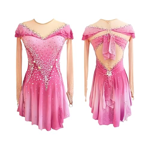Figure Skating Dress Rose Pink Round Neck Mesh Group Girls Competition Performance