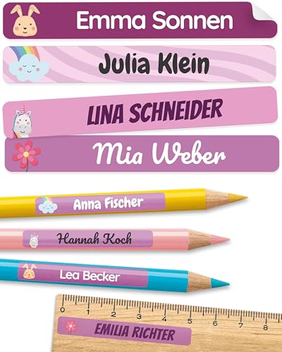 melu kids Namensaufkleber Kinder für Schule & Kita (75 Stück) - Personalisierte Aufkleber mit Namen für Stifte und alle Schulsachen - Wasserfest in Spülmaschine (Lila)