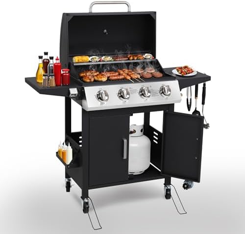 HUGROVE 4-Burner Propane Gas BBQ Grill with Wheels, 40,000 BTU Output Stainless Steel Barbecue Grill for Backyard & Outdoor Cooking Easy Assembly, Foldable Side Tables & Spice Rack (Dark Black)