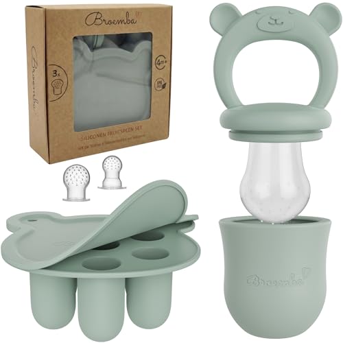 Broemba Fruchtsauger Baby & 3 Schnuller mit Eisform Set - Grüner Silikon Nahrungsschnuller mit Beißring, Fruchtschnuller für Obst & Gemüse, Eiswürfelform mit Deckel