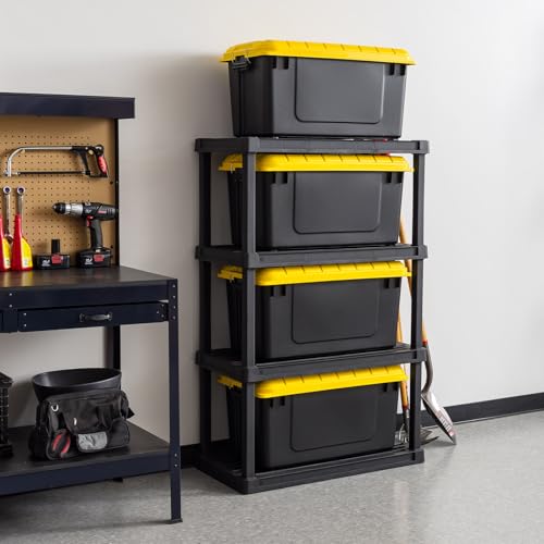 Image of IRIS USA WeatherPro 21 Gallon Lockable Storage Bins with Lids, 4 Pack - Made in USA, Heavy Duty, Stackable Containers, Garage Organizing Tubs, Rugged Sturdy Equipment Utility Box - Black /Yellow