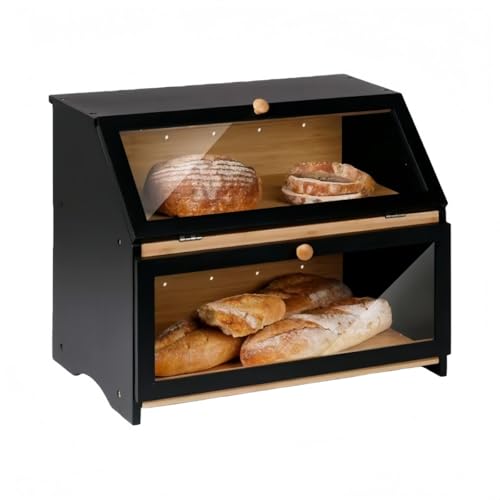 miluFoxパンボックスパンボックスキッチンカウンター用パンボックス2段竹特大パンボックス収納ボックス大容量食器棚透明窓カウンター上収納卓上収納ボックス調味料/雑穀/雑貨 (黒です)